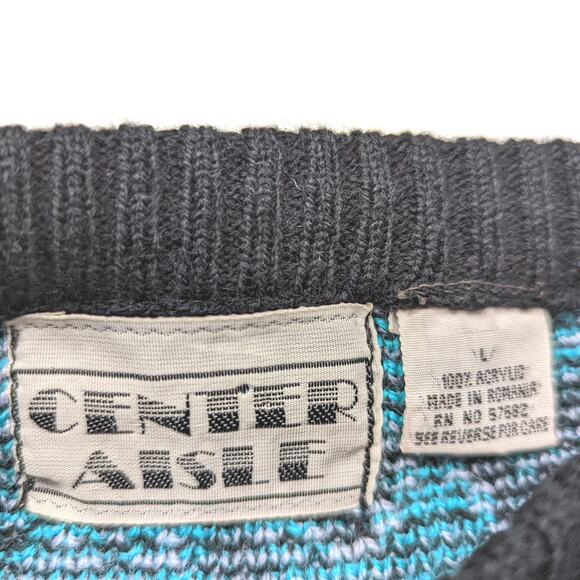 Vintage Center Aisle Sweater Adult Size Medium Blue Printed Geometric 80s Knit - Picture 4 of 4
